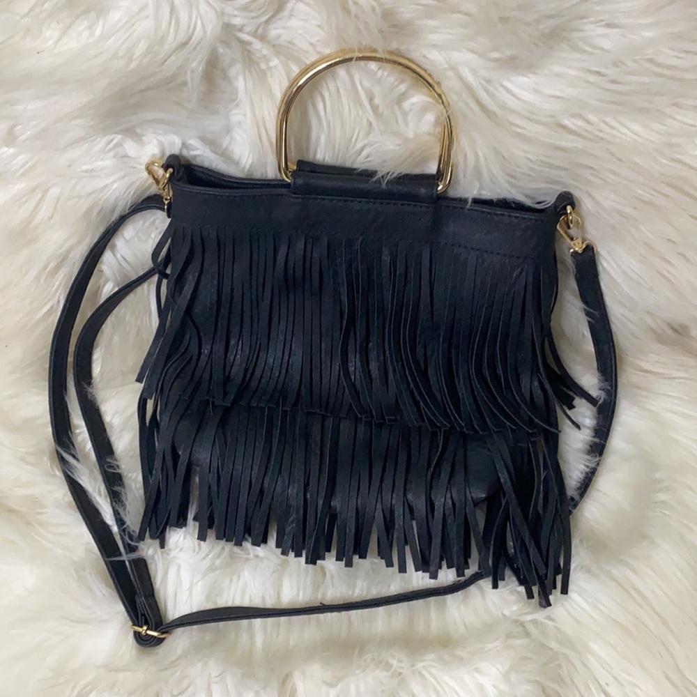 Faux Fringe black crossbody/handle bag with gold hardware